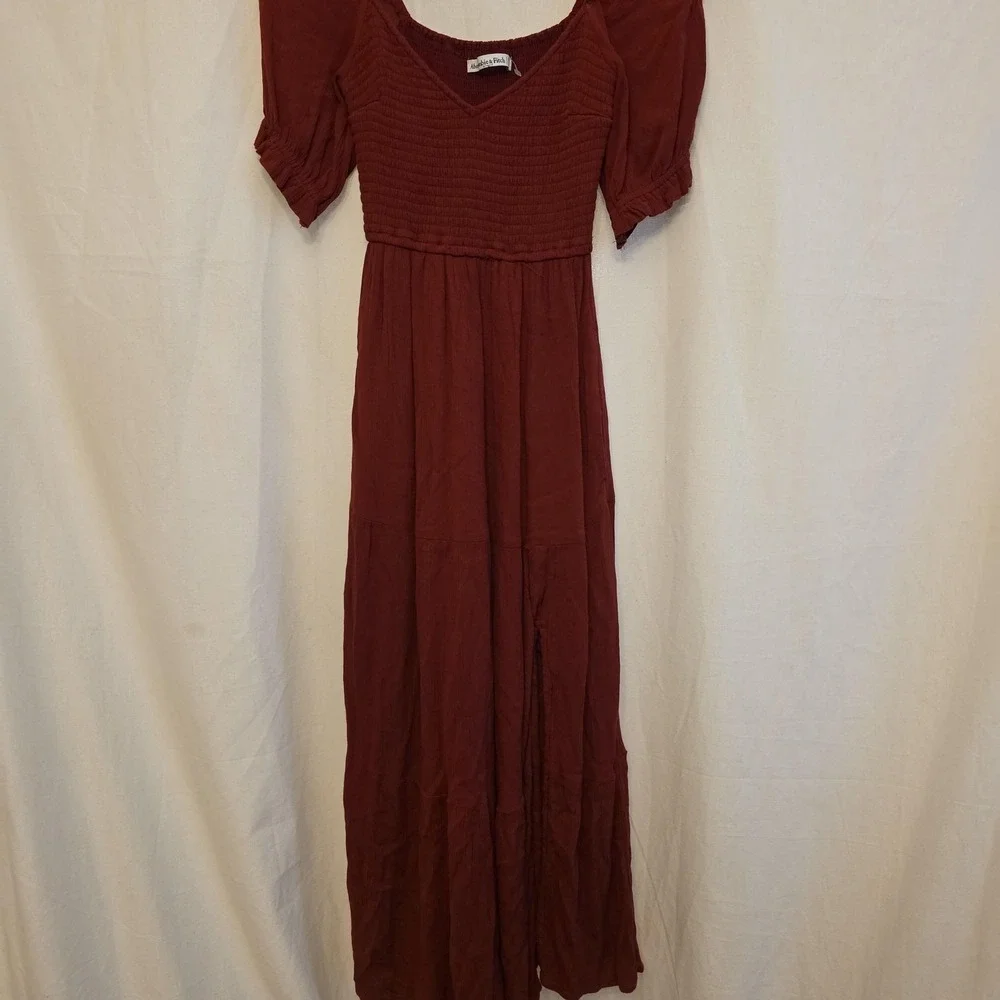 Abercrombie & Fitch Dress Womens XS Red Smocked Puff Sleeve Maxi Boho Sundress